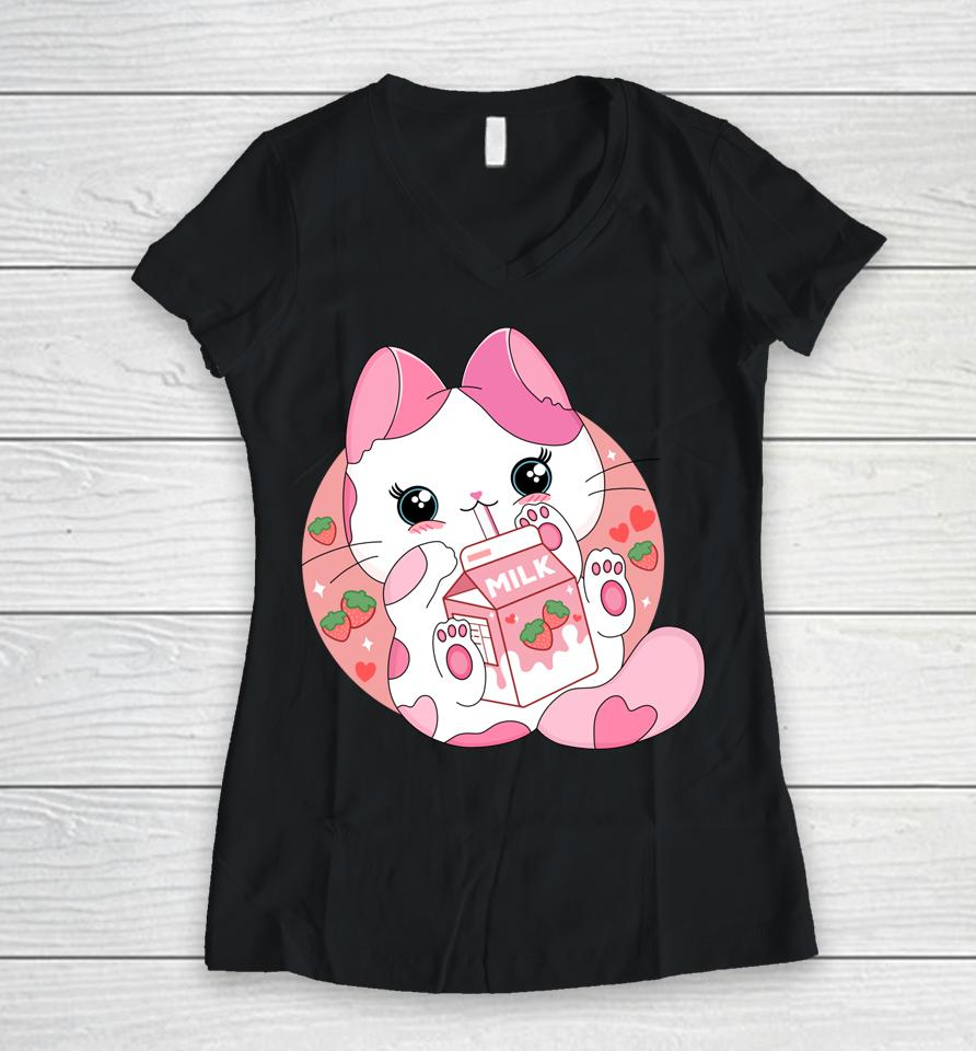 Anime Kawaii Cat Strawberry Milk Women V-Neck T-Shirt