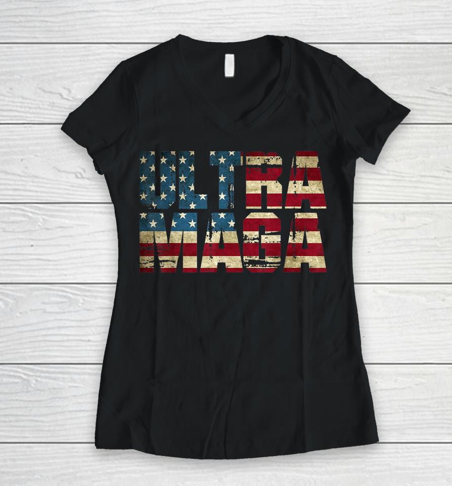 Anti Joe Biden Ultra Maga American Flag Women V-Neck T-Shirt