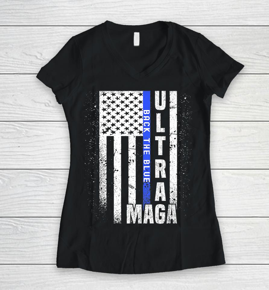 Anti Joe Biden Ultra Maga Trump Us Flag Women V-Neck T-Shirt