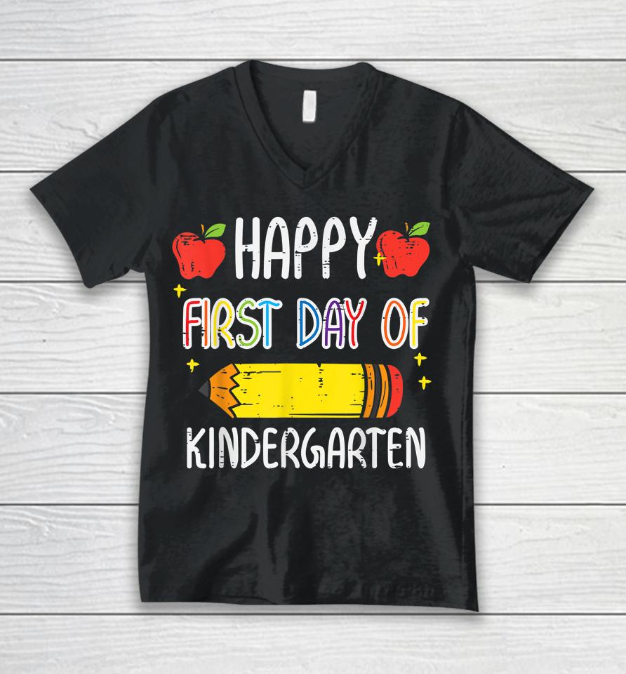 Apple Pencil Happy First Day Of Kindergarten School Teacher Unisex V-Neck T-Shirt