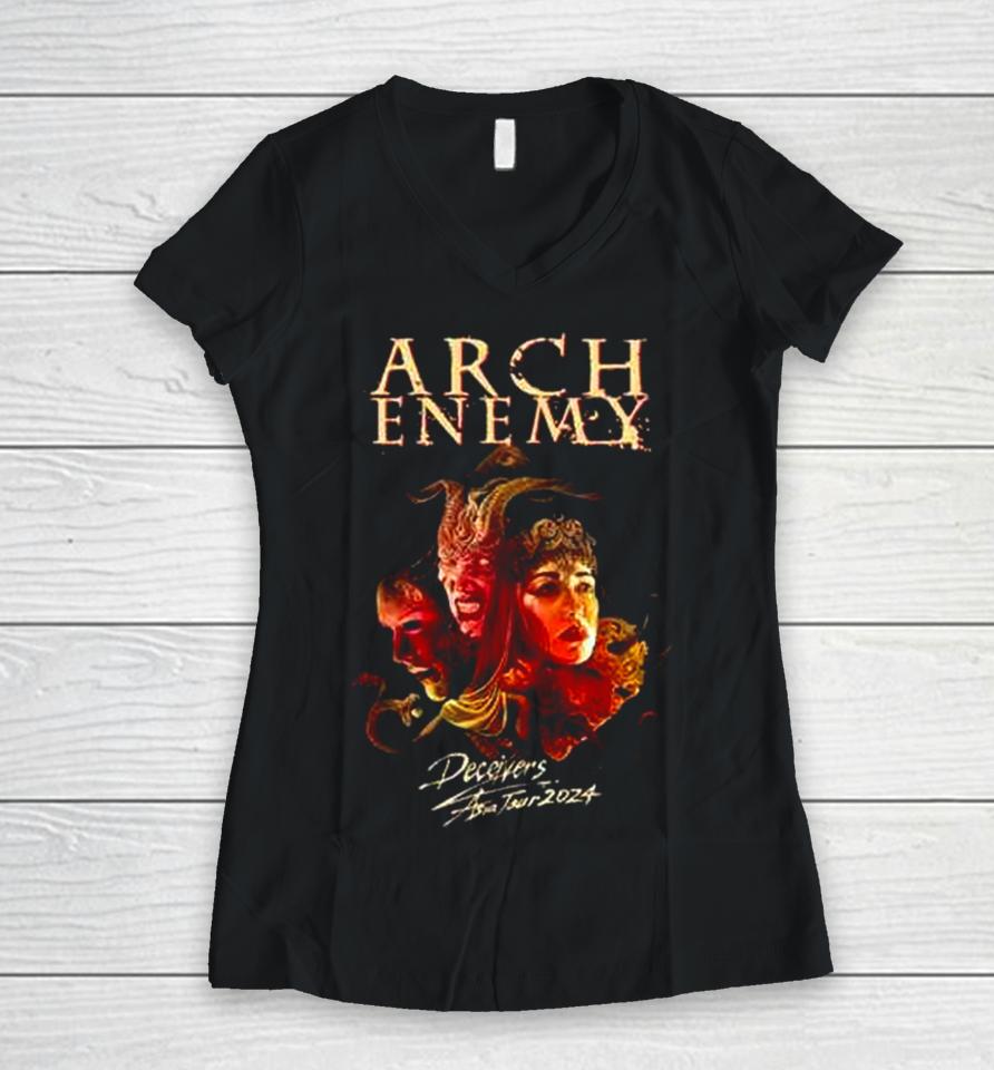 Arch Enemy Deceivers Aisa Tour 2024 Live In Singapore 17 May 2024 Scape The Ground Theatre Schedule Lists Two Sides Women V-Neck T-Shirt