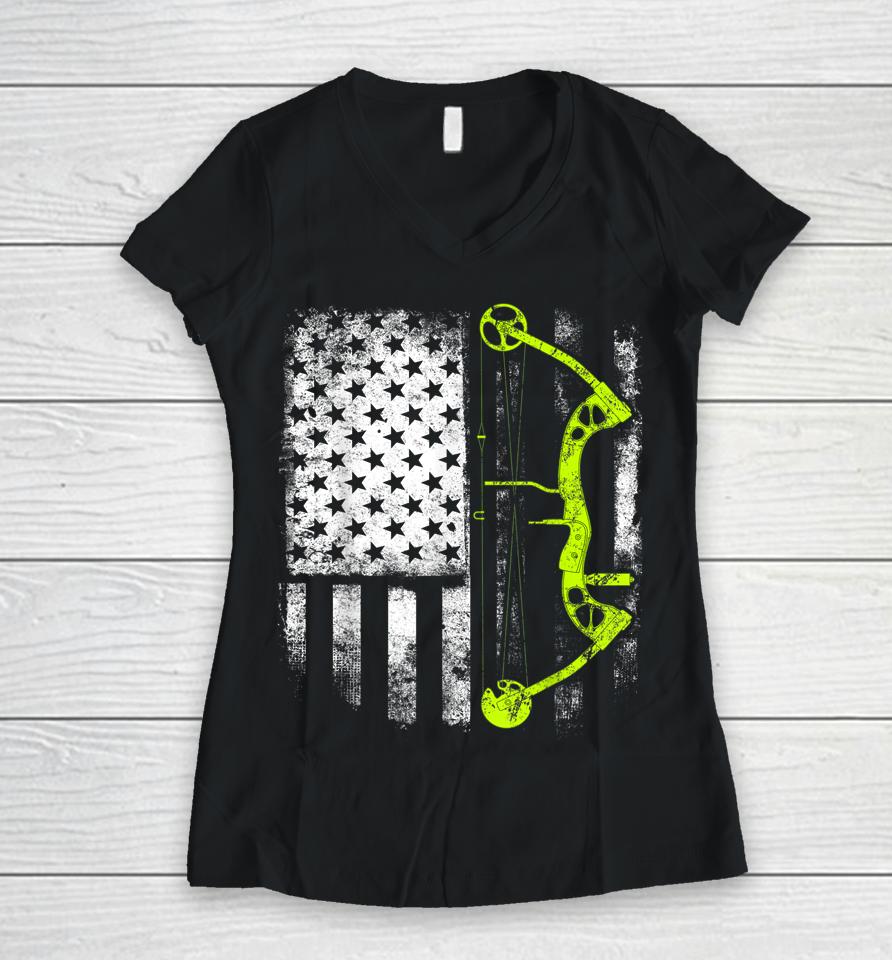 Archery Compound Bow Usa Flag Women V-Neck T-Shirt