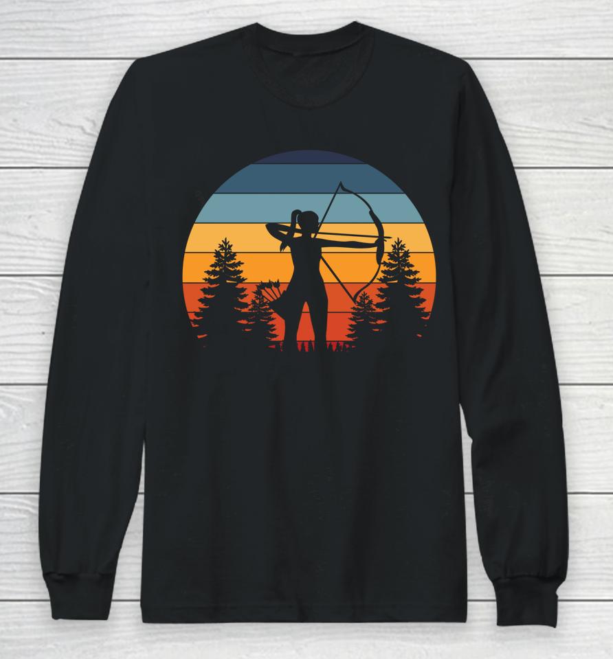 Archery Girl Archer Bow Vintage Retro Sunset Long Sleeve T-Shirt