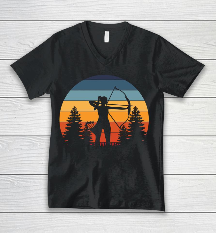 Archery Girl Archer Bow Vintage Retro Sunset Unisex V-Neck T-Shirt