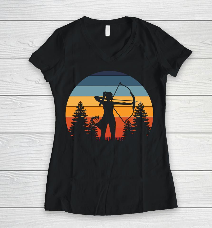 Archery Girl Archer Bow Vintage Retro Sunset Women V-Neck T-Shirt