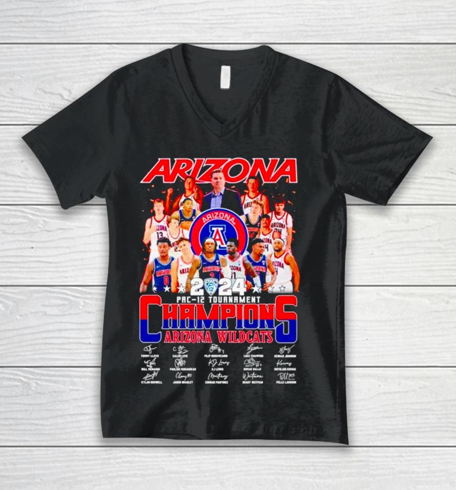Arizona Wildcats 2024 Pac 12 Tournament Champions Signatures Unisex V-Neck T-Shirt