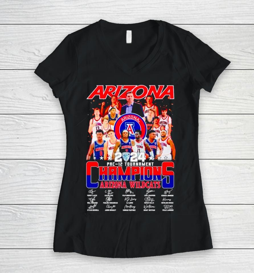 Arizona Wildcats 2024 Pac 12 Tournament Champions Signatures Women V-Neck T-Shirt