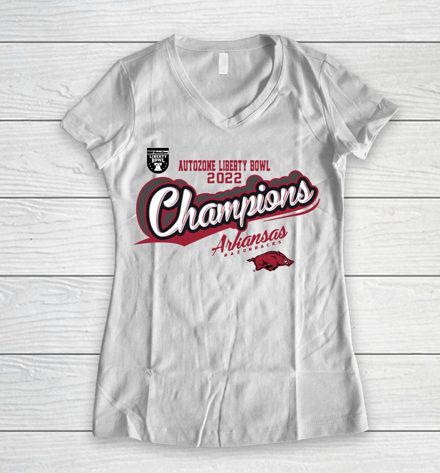 Arkansas Razorbacks 2022 Liberty Bowl Champions Women V-Neck T-Shirt