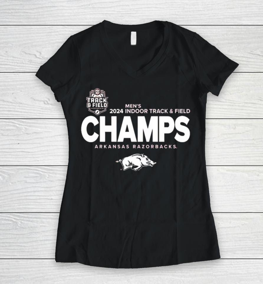 Arkansas Razorbacks 2024 Sec Men’s Indoor Track &Amp; Field Champions Locker Room Women V-Neck T-Shirt