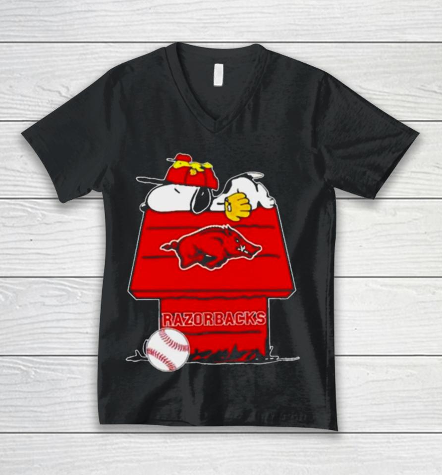 Arkansas Razorbacks Snoopy And Woodstock The Peanuts Baseball Unisex V-Neck T-Shirt