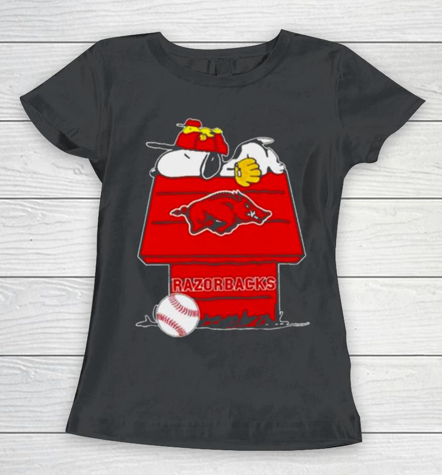 Arkansas Razorbacks Snoopy And Woodstock The Peanuts Baseball Women T-Shirt