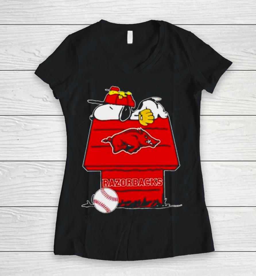 Arkansas Razorbacks Snoopy And Woodstock The Peanuts Baseball Women V-Neck T-Shirt