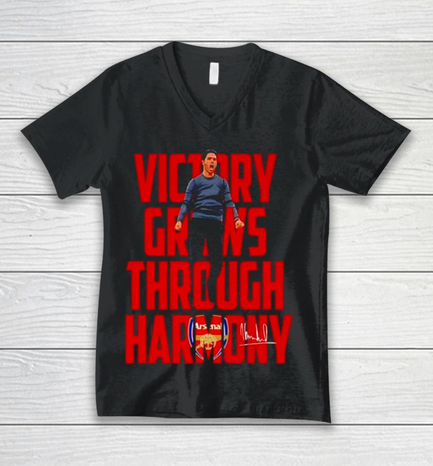 Arsenal Coach Mikel Arteta Victory Grows Through Harmony Signatures Unisex V-Neck T-Shirt