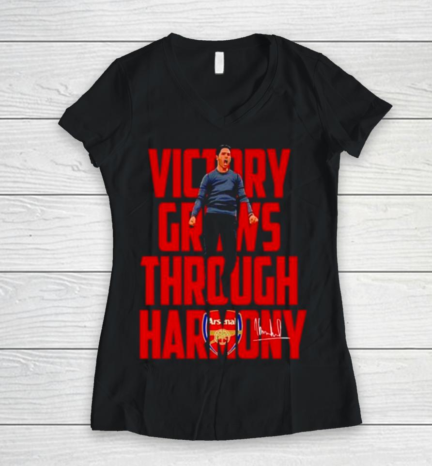 Arsenal Coach Mikel Arteta Victory Grows Through Harmony Signatures Women V-Neck T-Shirt