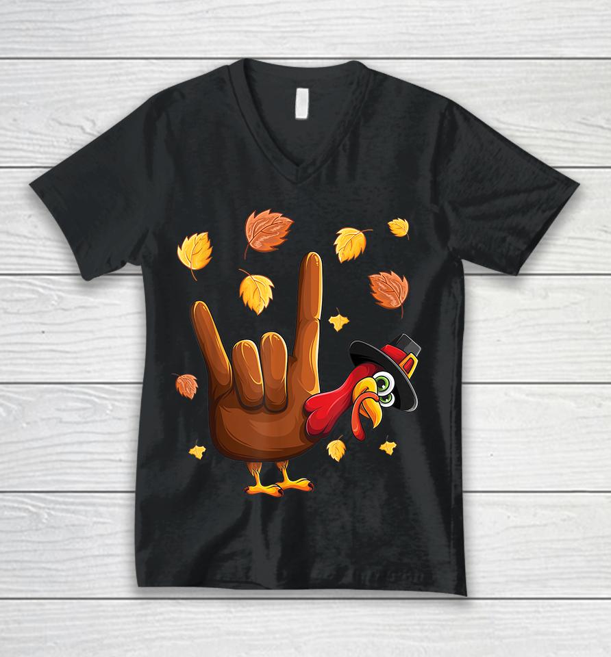 Asl Tukey American Sign Language I Love You Thanksgiving Unisex V-Neck T-Shirt