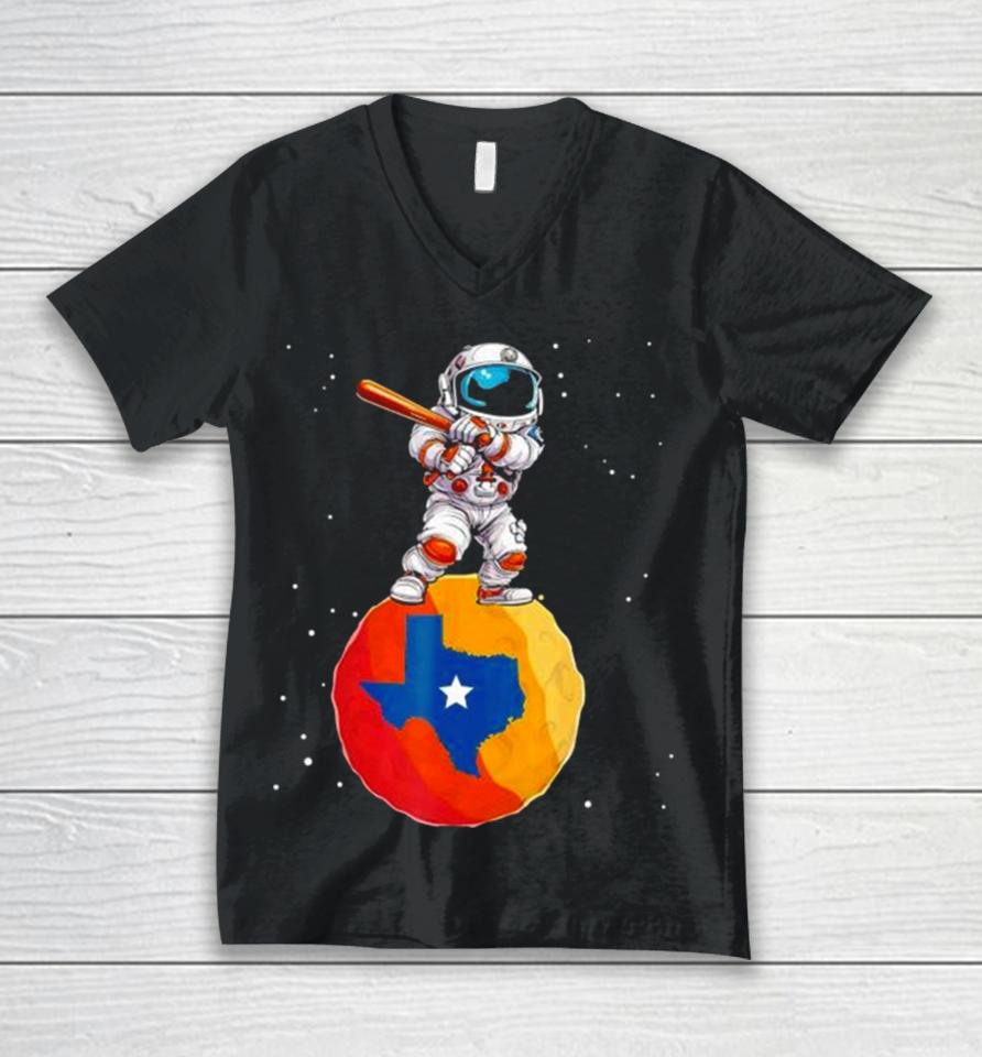 Astronaut Holding Baseball Bat Standing On Houston Astros Planet Stars Unisex V-Neck T-Shirt