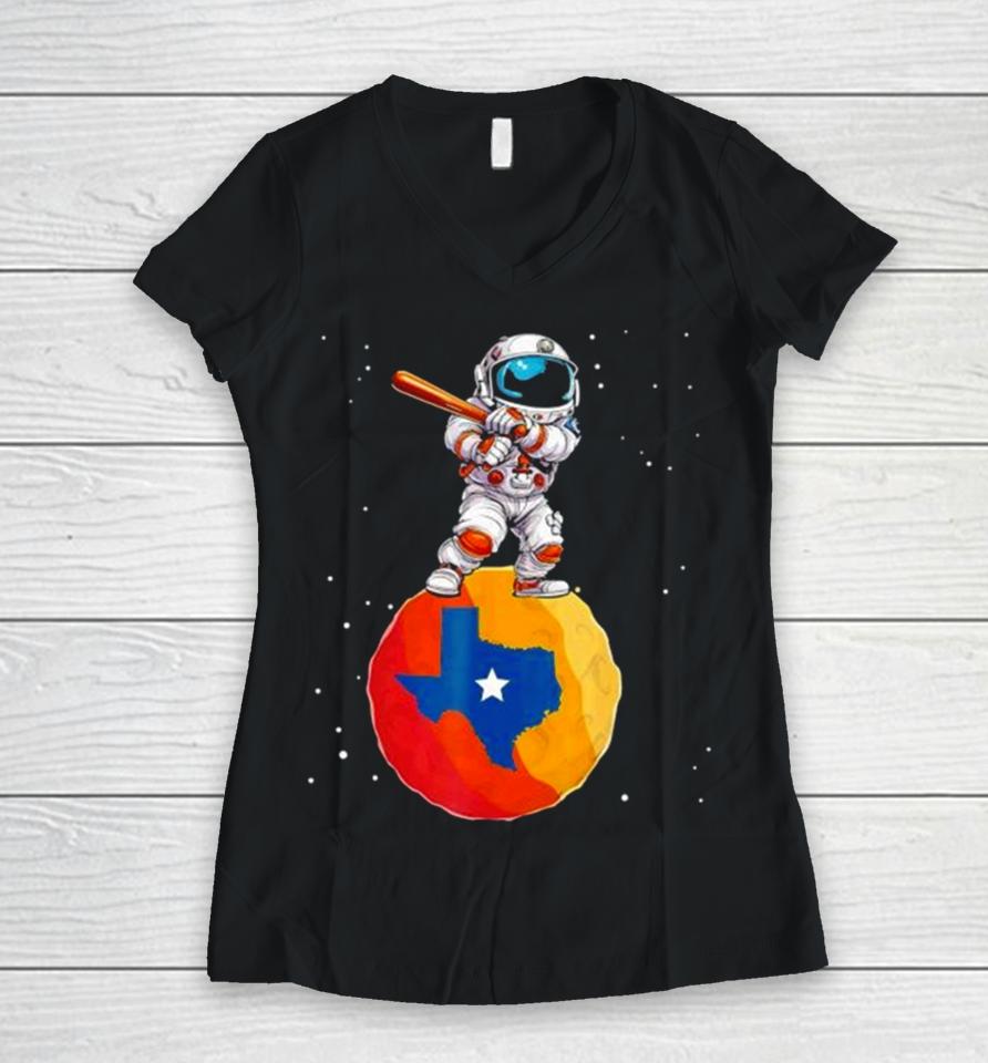 Astronaut Holding Baseball Bat Standing On Houston Astros Planet Stars Women V-Neck T-Shirt
