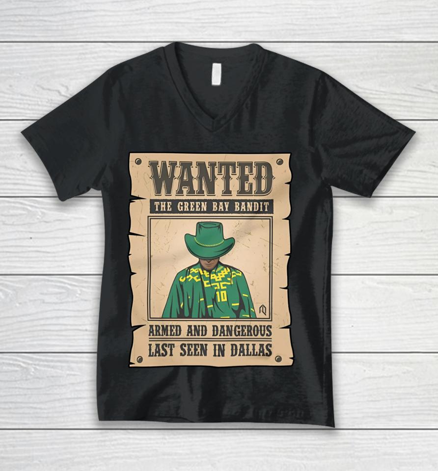 Athlete Logos Wanted The Green Bay Bandit Armed And Dangerous Last Seen In Dallas Unisex V-Neck T-Shirt
