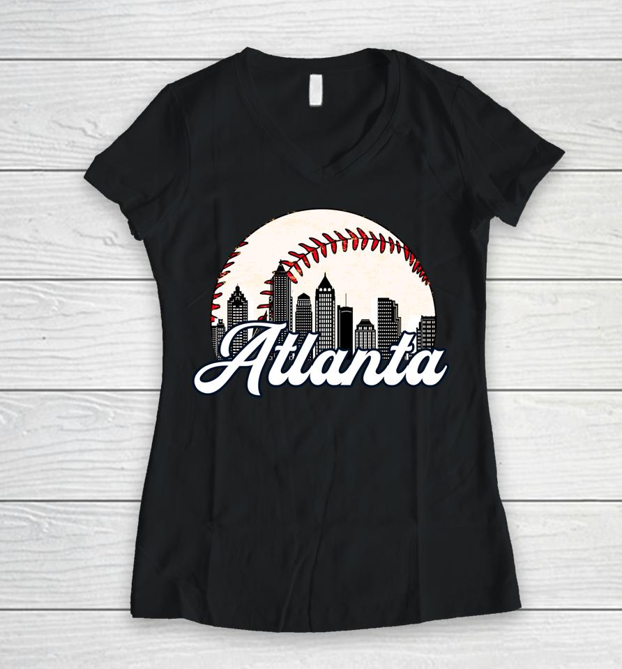 Atlanta Baseball Skyline Atlanta Cityscape Women V-Neck T-Shirt