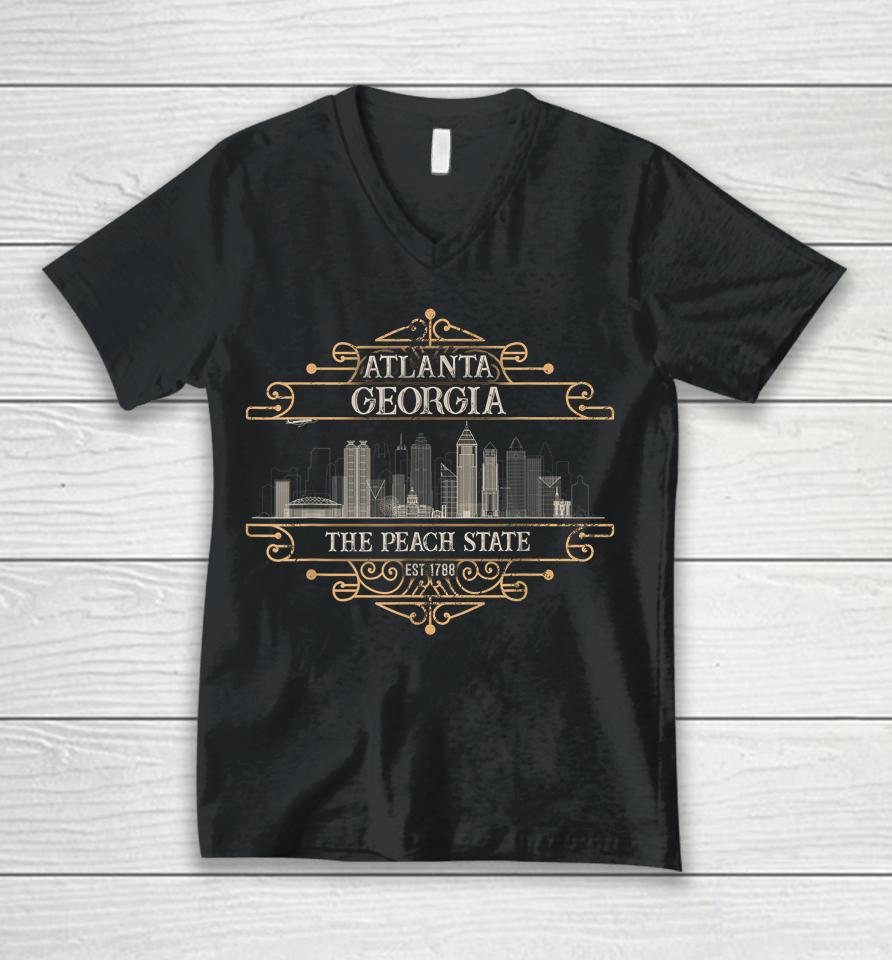 Atlanta Georgia Skyline Sketch Vintage State Capital Facts Unisex V-Neck T-Shirt