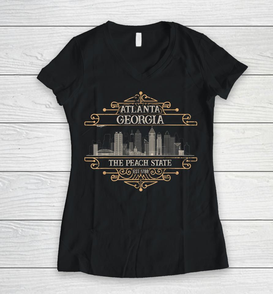 Atlanta Georgia Skyline Sketch Vintage State Capital Facts Women V-Neck T-Shirt