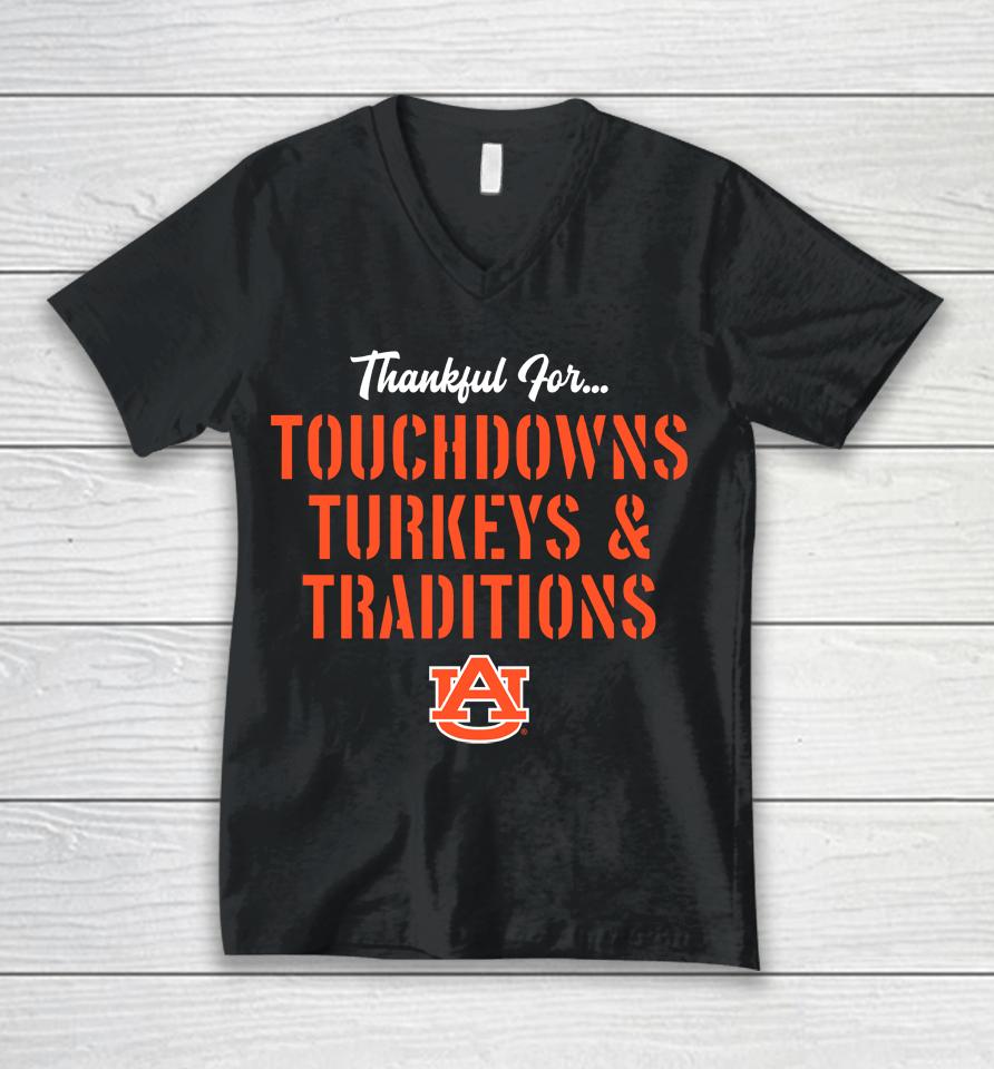 Auburn Tigers Thankful For Touchdowns Turkeys And Traditions Unisex V-Neck T-Shirt