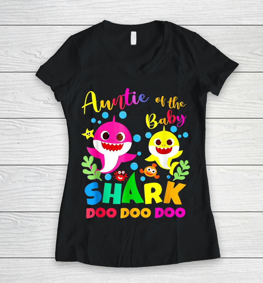 Auntie Shark Birthday Auntie Shark  Family Mother's Women V-Neck T-Shirt