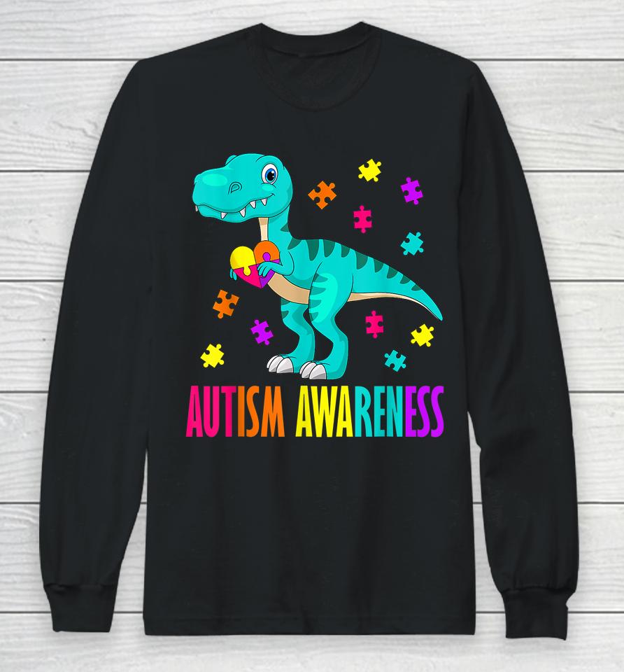 Autism Awareness Dinosaur Colorful Autism Puzzle Pieces Long Sleeve T-Shirt