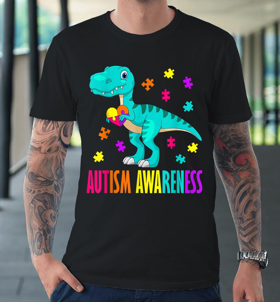 Autism Awareness Dinosaur Colorful Autism Puzzle Pieces Premium T-Shirt