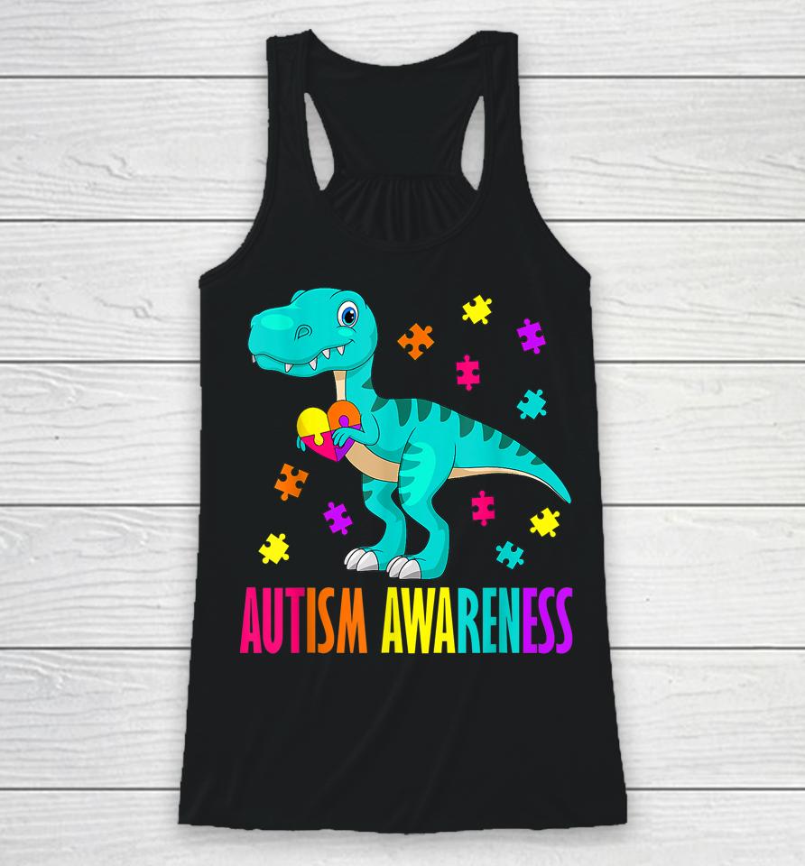Autism Awareness Dinosaur Colorful Autism Puzzle Pieces Racerback Tank