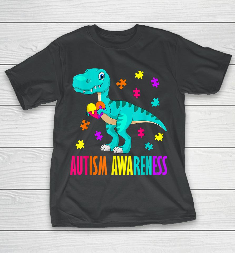 Autism Awareness Dinosaur Colorful Autism Puzzle Pieces T-Shirt