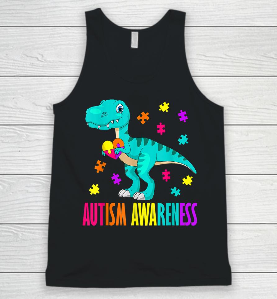 Autism Awareness Dinosaur Colorful Autism Puzzle Pieces Unisex Tank Top
