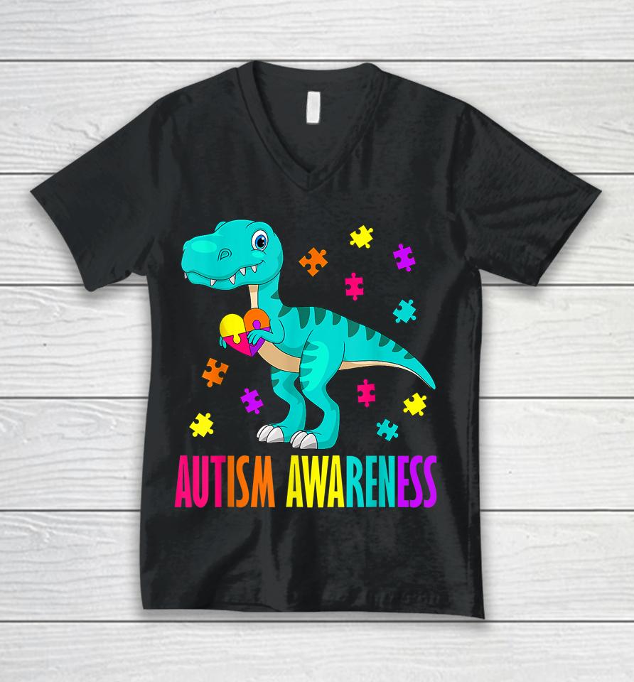 Autism Awareness Dinosaur Colorful Autism Puzzle Pieces Unisex V-Neck T-Shirt