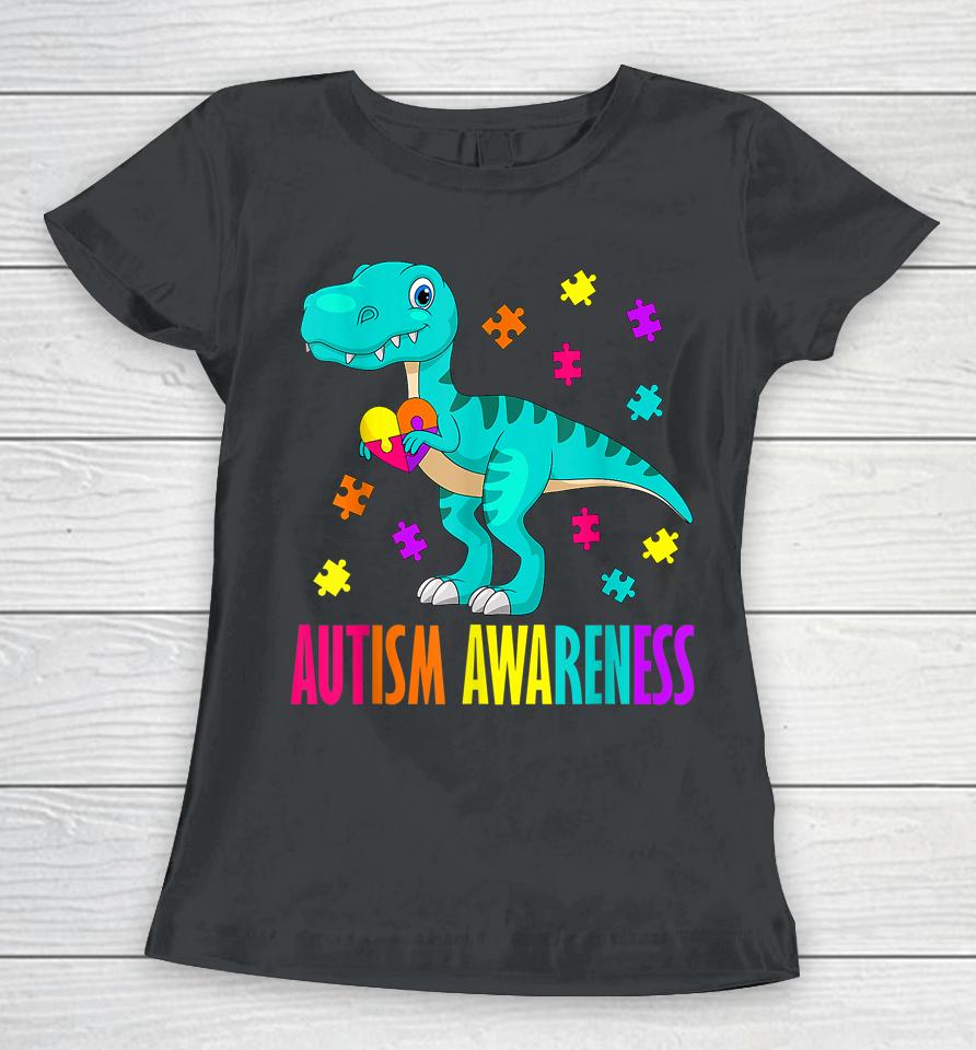 Autism Awareness Dinosaur Colorful Autism Puzzle Pieces Women T-Shirt