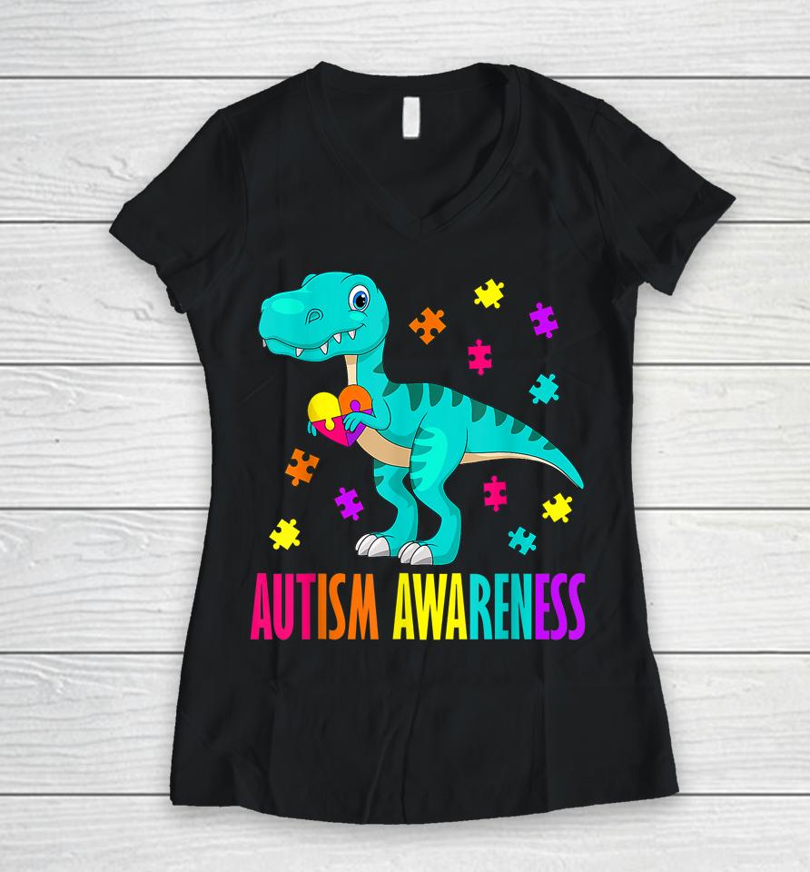 Autism Awareness Dinosaur Colorful Autism Puzzle Pieces Women V-Neck T-Shirt