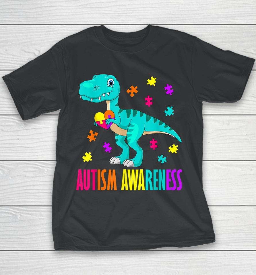 Autism Awareness Dinosaur Colorful Autism Puzzle Pieces Youth T-Shirt