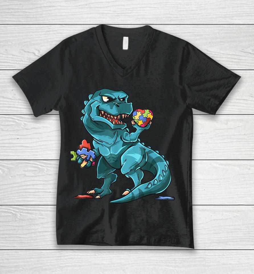 Autism Awareness Dinosaur T-Rex Heart Puzzle Pieces Unisex V-Neck T-Shirt