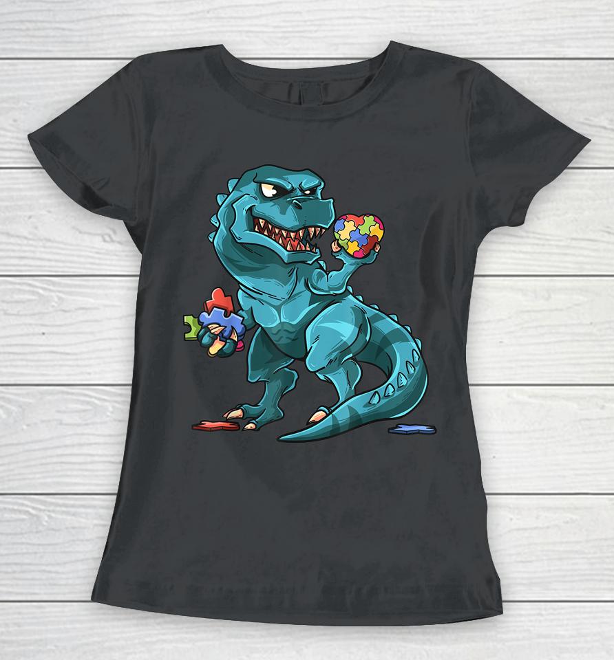 Autism Awareness Dinosaur T-Rex Heart Puzzle Pieces Women T-Shirt