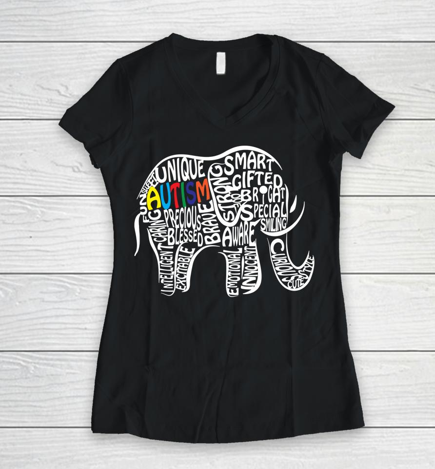 Autism Awareness Elephant Women V-Neck T-Shirt