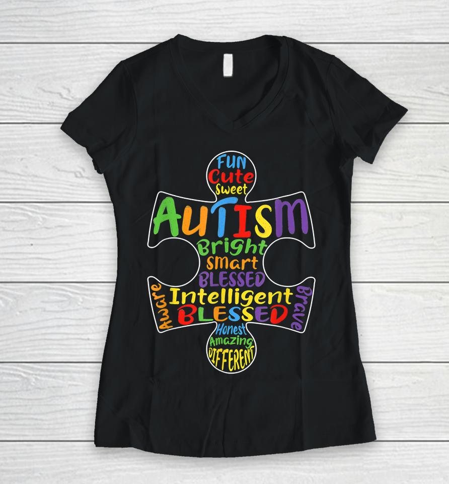Autism Awareness Heart Blessed Women V-Neck T-Shirt