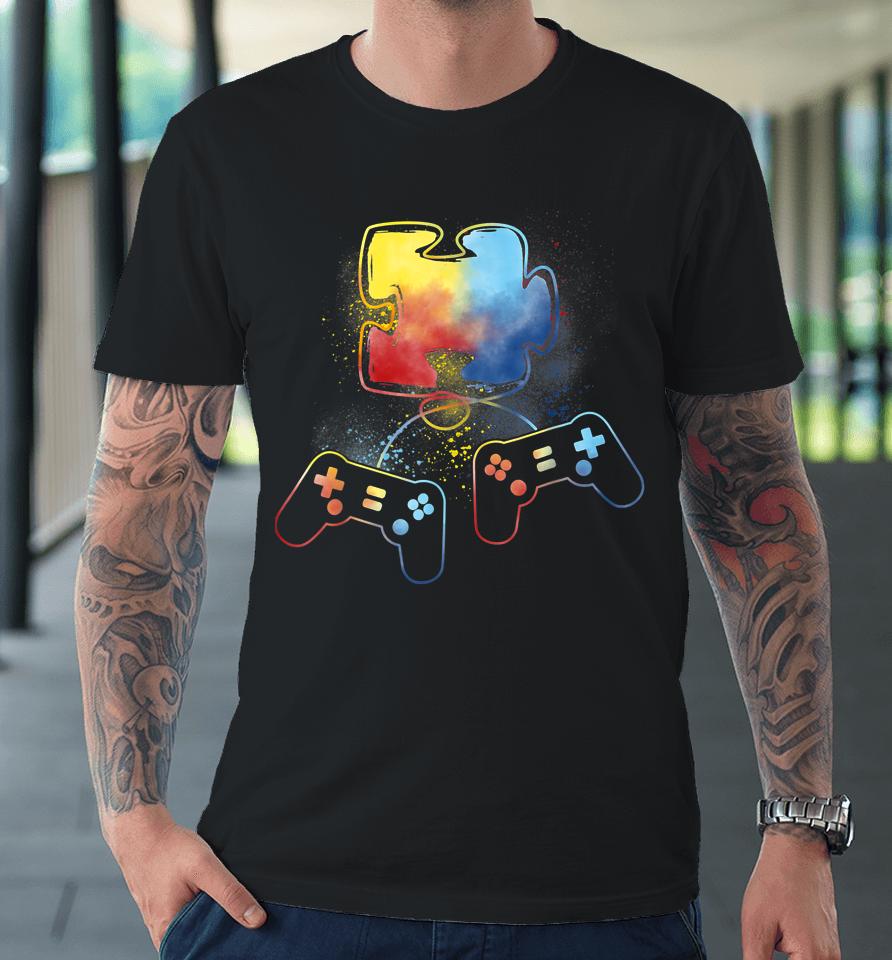 Autism Awareness Kids Video Gamer Puzzle Piece Blue Boys Premium T-Shirt