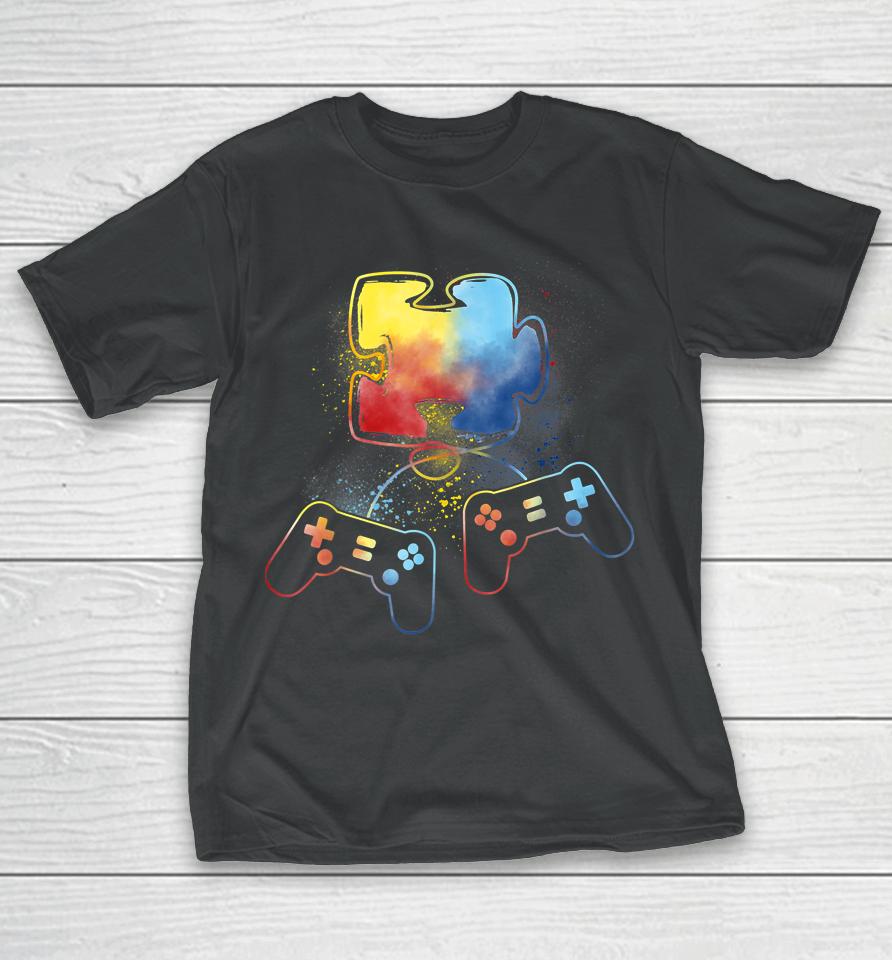 Autism Awareness Kids Video Gamer Puzzle Piece Blue Boys T-Shirt