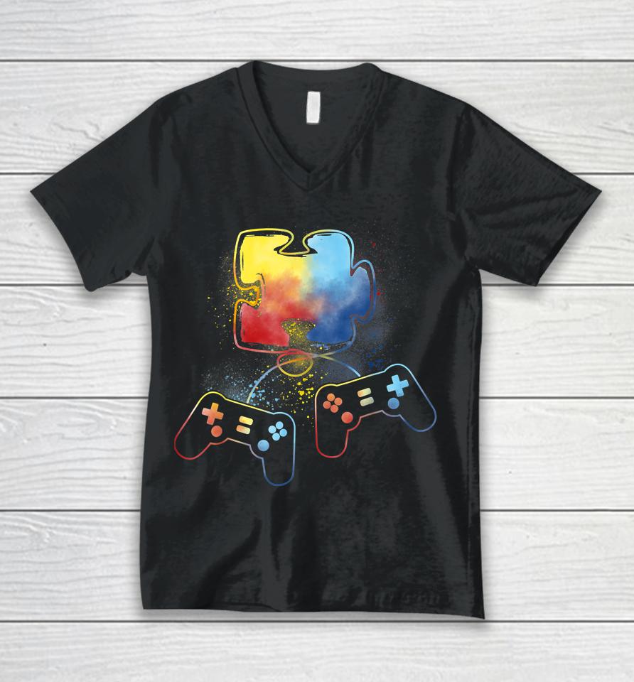 Autism Awareness Kids Video Gamer Puzzle Piece Blue Boys Unisex V-Neck T-Shirt