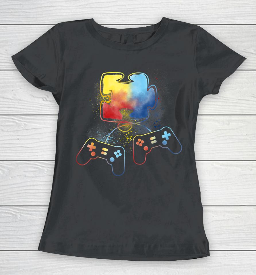 Autism Awareness Kids Video Gamer Puzzle Piece Blue Boys Women T-Shirt