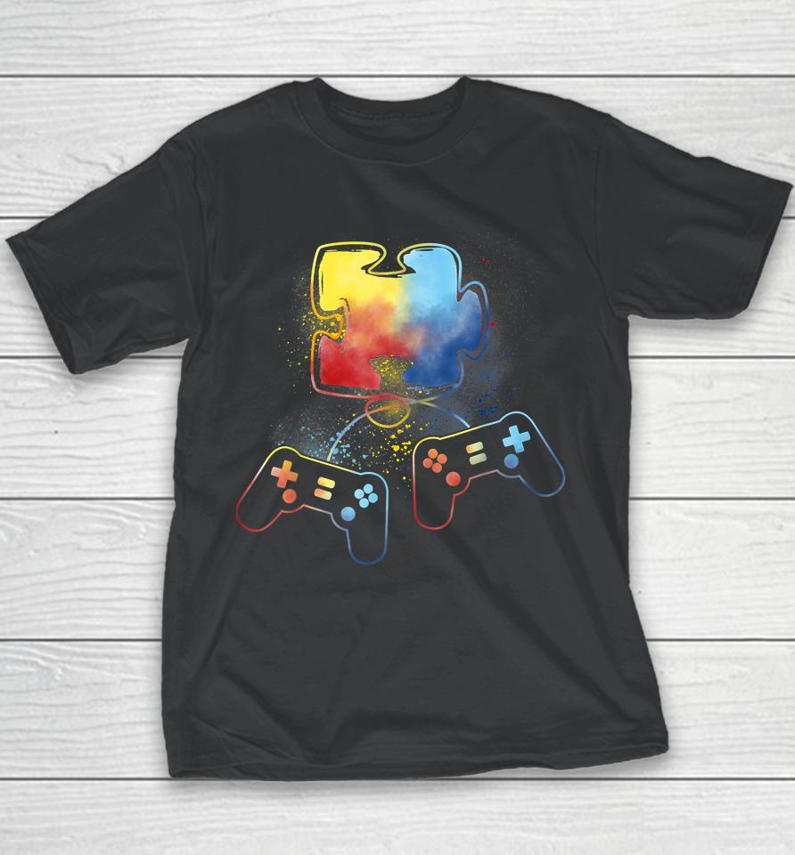 Autism Awareness Kids Video Gamer Puzzle Piece Blue Boys Youth T-Shirt