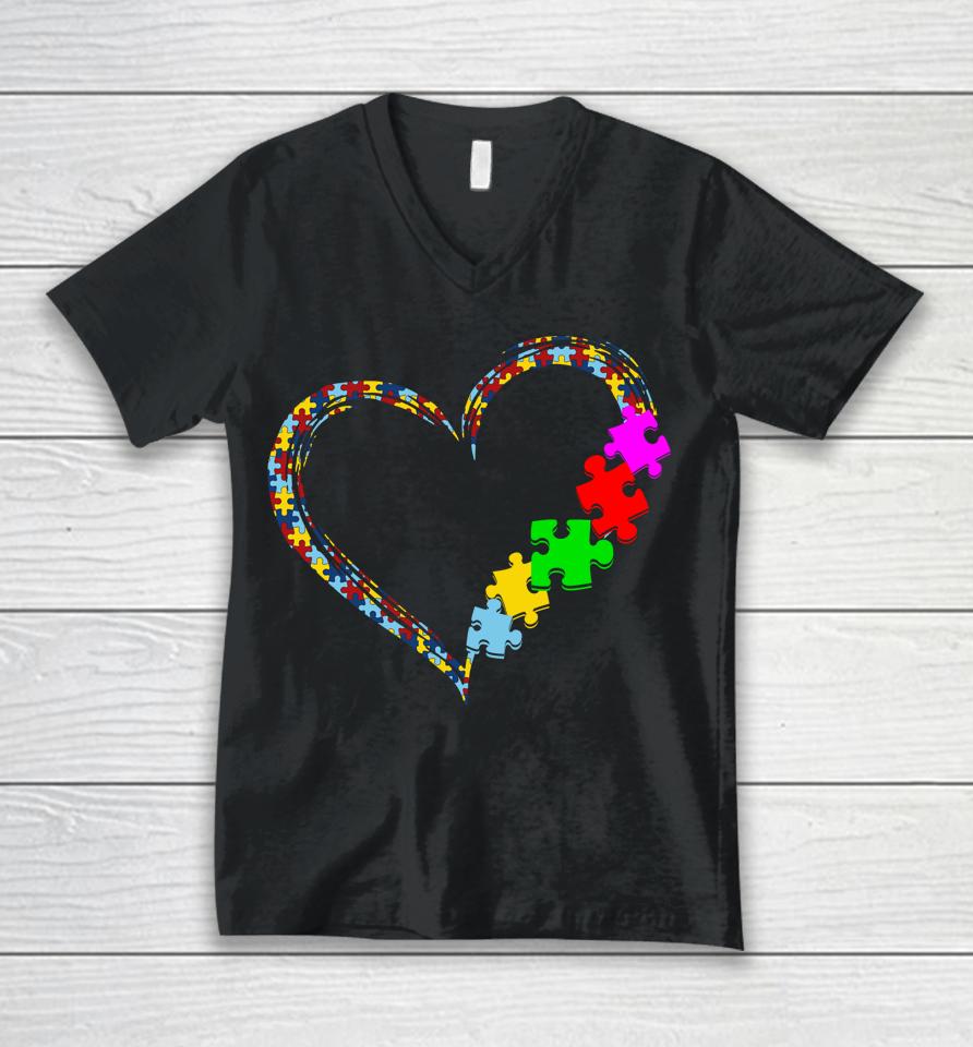 Autism Awareness Love Heart Puzzle Piece Valentines Day Gift Unisex V-Neck T-Shirt