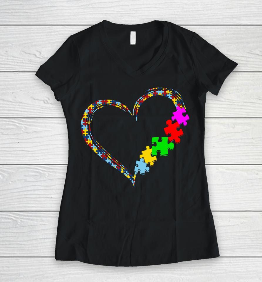 Autism Awareness Love Heart Puzzle Piece Valentines Day Gift Women V-Neck T-Shirt