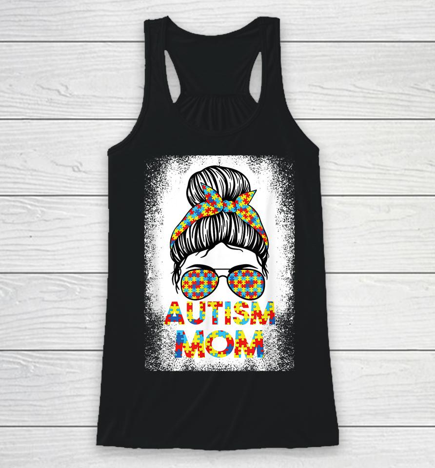 Autism Awareness Mom Messy Bun Puzzle Mother’s Day Racerback Tank