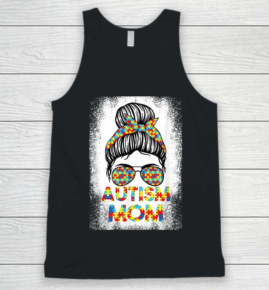 Autism Awareness Mom Messy Bun Puzzle Mother’s Day Unisex Tank Top