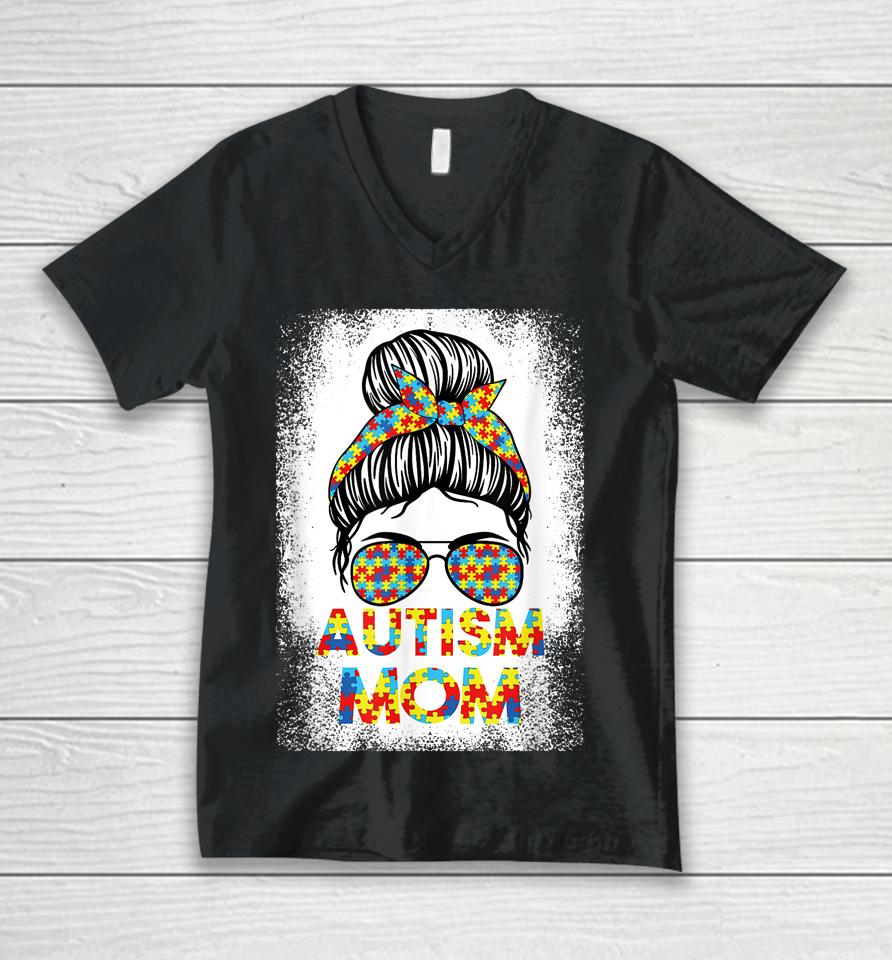 Autism Awareness Mom Messy Bun Puzzle Mother’s Day Unisex V-Neck T-Shirt